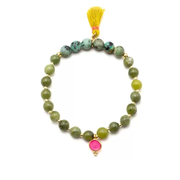 Schmückstück Armband Mala Single Green Africa, Vergoldet