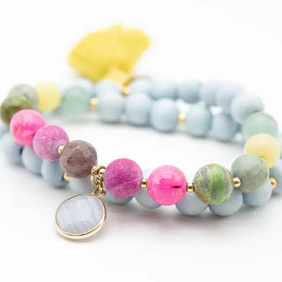 Schmückstück Armband Mala Twin Jelly Bean Blue, Vergoldet