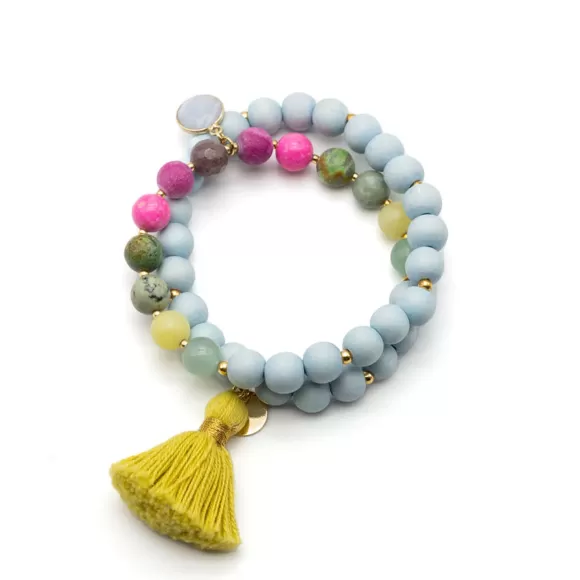 Schmückstück Armband Mala Twin Jelly Bean Blue, Vergoldet