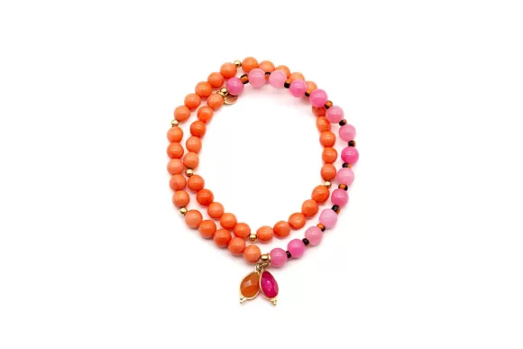 Schmückstück Armband Mala Twin Pink Orange, Vergoldet