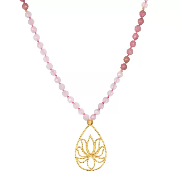 Satya Jewelry Kette Bloom In Love Rose Quartz Lotus Mala, Vergoldet