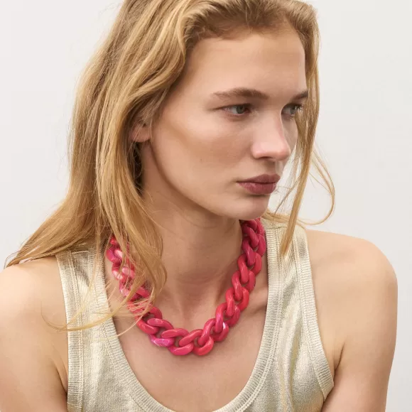 Vanessa Baroni Kette Flat Chain, Fuchsia Marble, Vergoldet