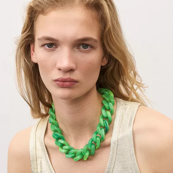 Vanessa Baroni Kette Flat Chain, Neon Green Marble, Vergoldet