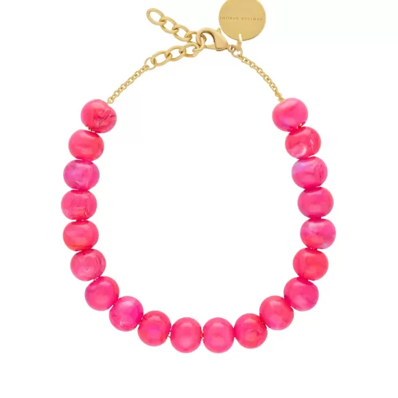 Vanessa Baroni Kette Small Beads Short, Fuchsia Marble, Vergoldet